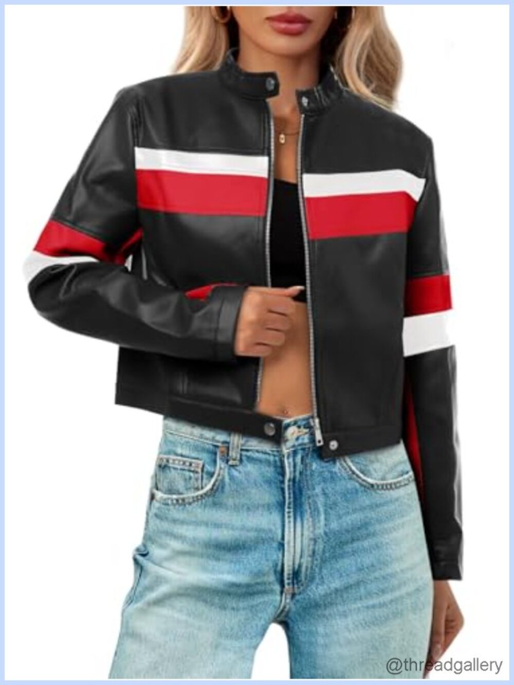 Cropped Faux Leather Moto Biker Jacket Color Block Bomber Vintage